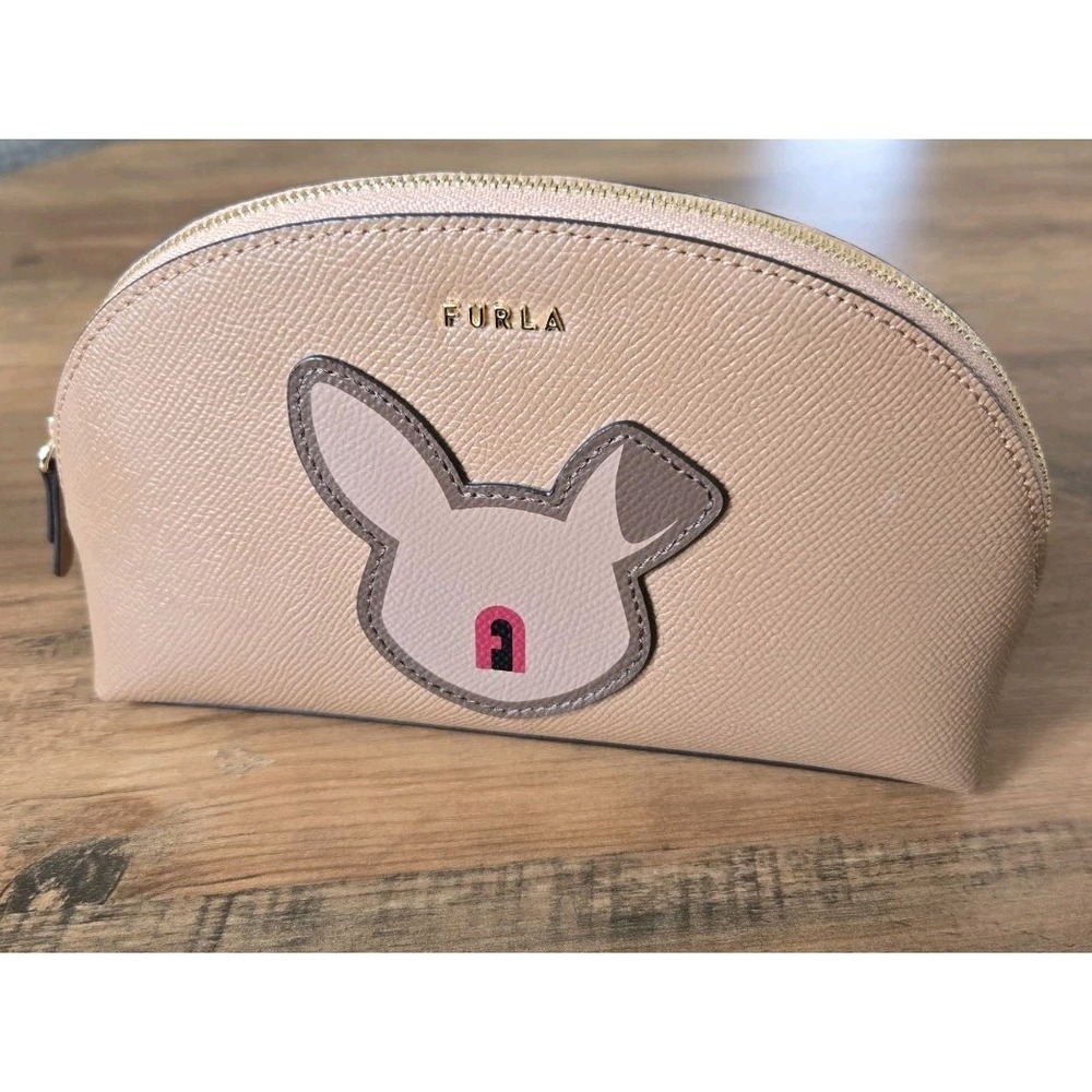 Furla TONI CARAMELLO/TALCO Cosmetic Pouch/Case Leather Zip-Top Animal Rare